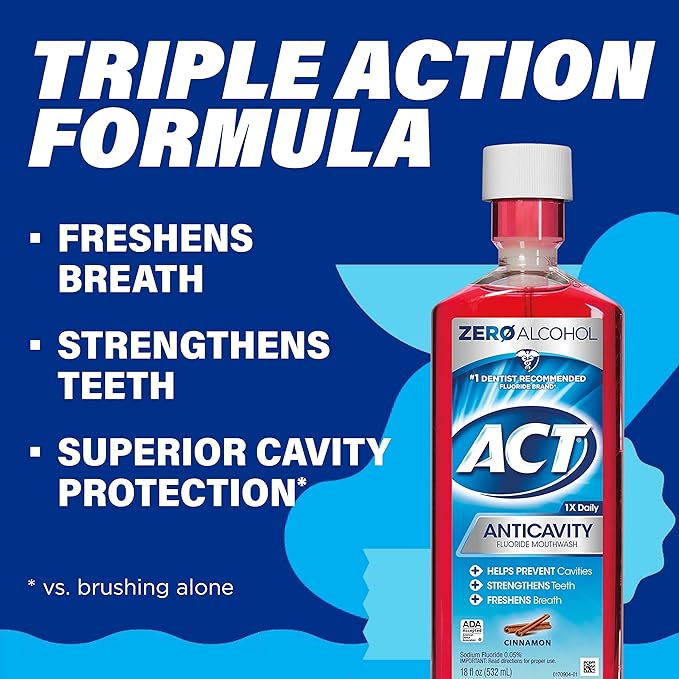 ACT Anticavity Fluoride Mouthwash, Cinnamon | Zero Alcohol | 18 fl. oz. | Pack of 2 | Accurate Dosing Cup