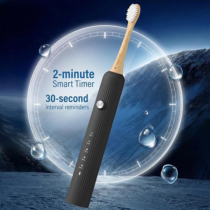 Bamboo Electric Toothbrush for Adults, Electric Toothbrush with 4 Bamboo Heads, Soft Castor Oil Bristles, 5 Modes, Smart Timer, Sonic Technology, IPX7 Waterproof, 70-Day Battery Life-Black