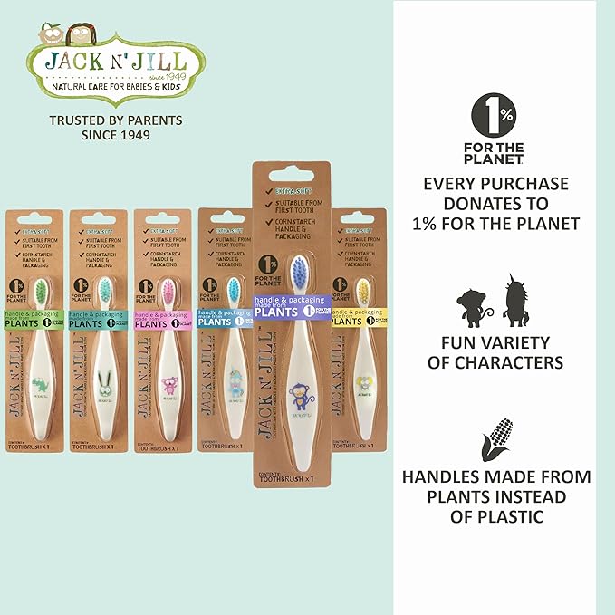 Jack N' Jill Kids Toothbrush - Extra Soft Bristle Toothbrush for Kids, Handle & Packaging Made from Plants (Corn), Ergonomic Handle for Little Hands - Bunny Baby (2 Pack)