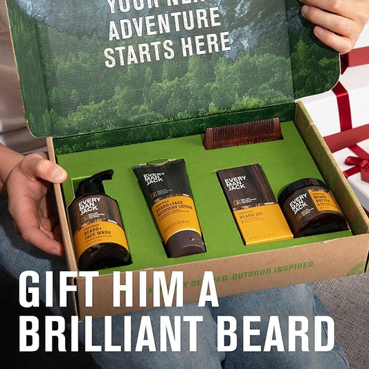 Every Man Jack Beard Essentials Gift Set for Men – Complete Routine with 5 Full-Size Essentials – Sandalwood Scent - Beard & Face Wash, Lotion, Oil, Butter & Comb