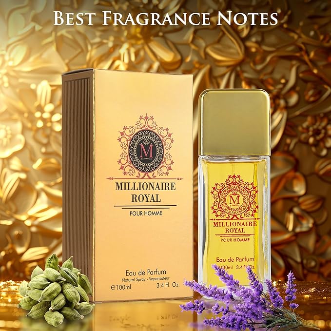 Millionaire Royal for Men - Oriental Fresh Woody Fragrance - Top Notes of Mandarin, Bergamot & Cardamom - Natural, Mild, Free of Parebens, Vegan & Cruelty-Free - Elegant 100ml Bottle, Parfume for Men