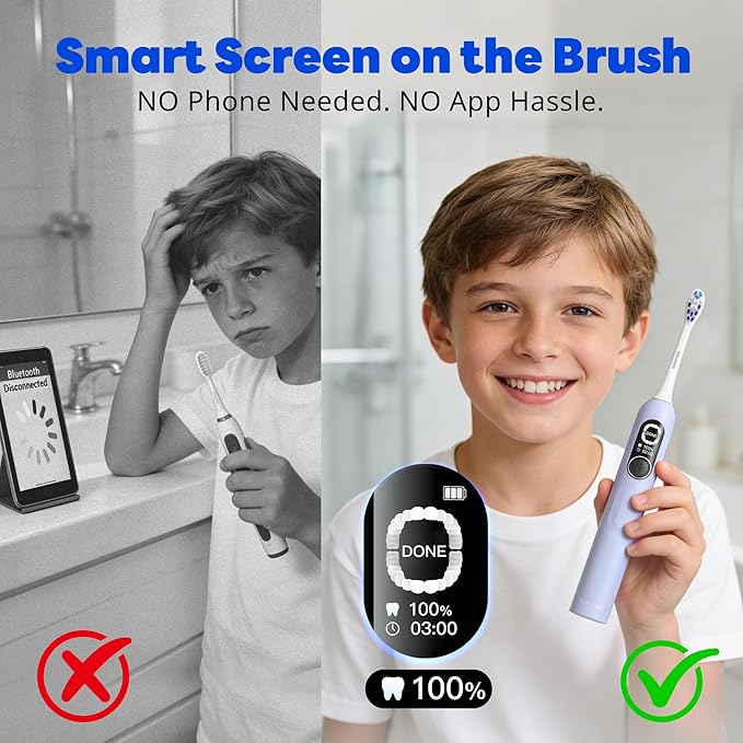 Kids Electric Toothbrush for Boys Teens (6-15Y), Smart Screen with Brushing Score, Soft Bristles, Visual Timer for Braces, 150 Days Battery with Travel Case (Blue)