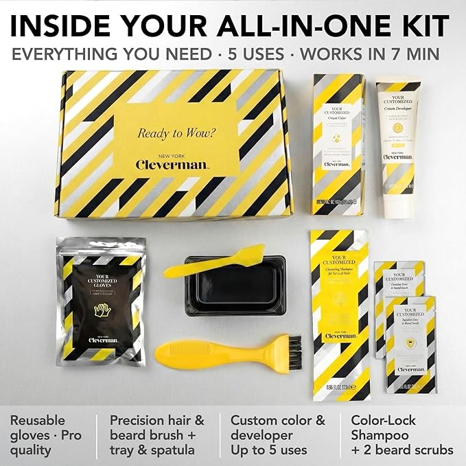 Cleverman Hair & Beard Dye Kit for Men, All-in-One Reusable Mens Hair Color, Natural Gray Coverage, Ammonia-Free Beard Mustache Dye for Men, Medium Brown