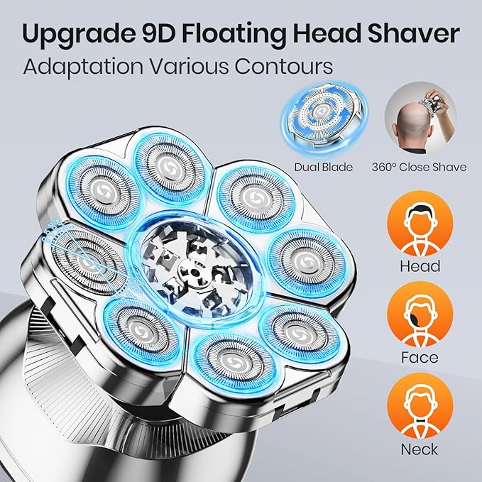 9D Head Shavers for Bald Men, 5-in-1 Upgraded Electric Razor, Cordless Rechargeable Electric Shavers for Men, IPX7 Waterproof Wet Dry Grooming Kit for Balder with LED Display, Gift for Husband Dad