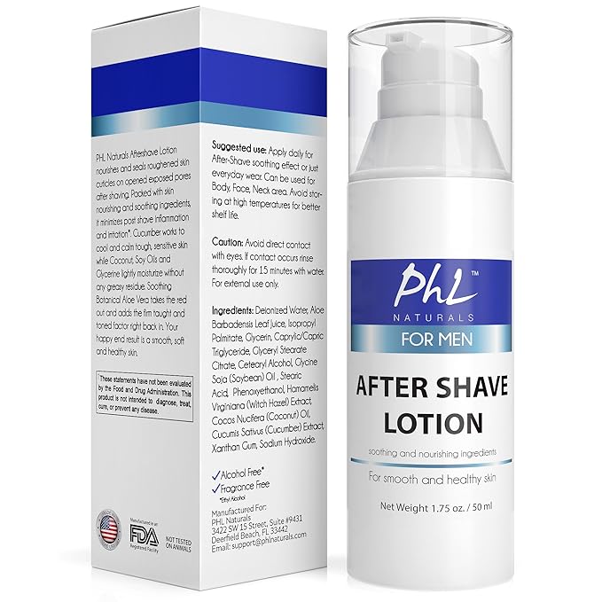 PHL Naturals Unscented Aftershave for Men – Fragrance-Free, Alcohol-Free After Shave Lotion for Sensitive Skin – Soothes, Prevents Razor Burn, Moisturizes – 1.75 oz