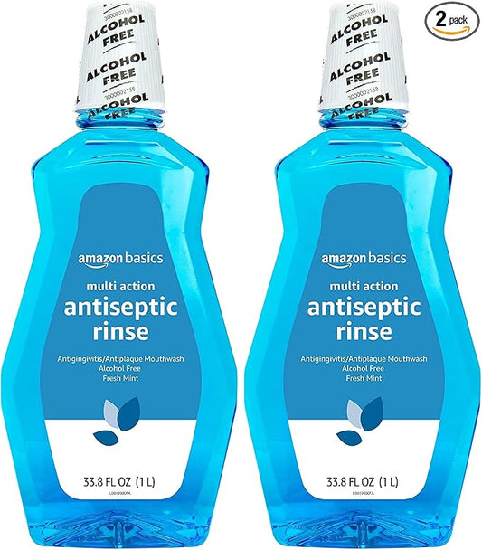 Amazon Basics Mouthwash, Multi Action Antiseptic, Alcohol Free | Fresh Mint | 1 Liter | 2-Pack