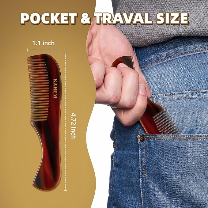 KAHEM Beard and Mustache Comb for Men, 4.72 Inch Fine Tooth Hair Comb for Short Facial Hair Grooming, Pocket Styling Comb, Hand-Made of Quality Cellulose Acetate