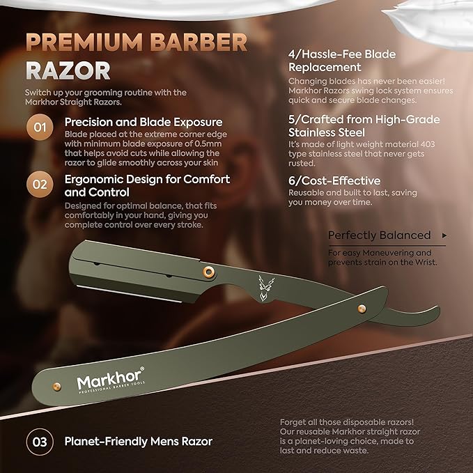 Markhor® Straight Razors for Men with 100 Single Edge Razor Blades | Barber Straight Razor | Straight Edge Razor | Barber Razor Blade | Navajas Para Barbero (Camo Green)