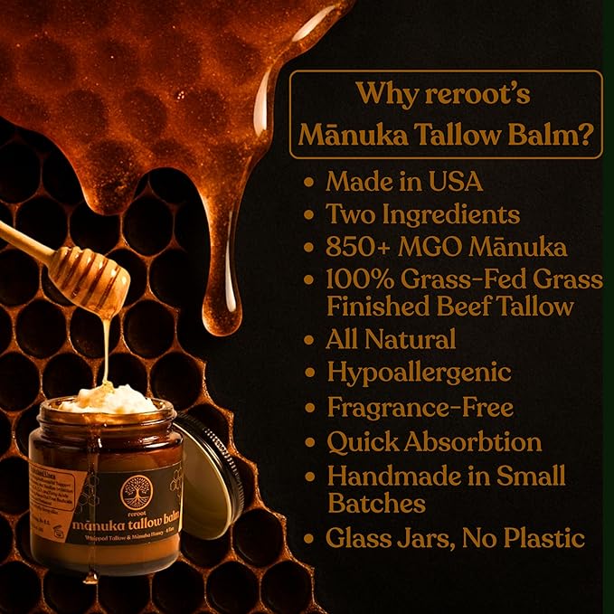 Manuka Honey Beef Tallow for Skin ~2 INGREDIENTS~ 100% Grass-Fed Tallow and Honey Balm - Whipped & UNSCENTED Tallow Face Moisturizer - Hydrating Tallow Balm for Men, Women, Kids & Babies (4oz)