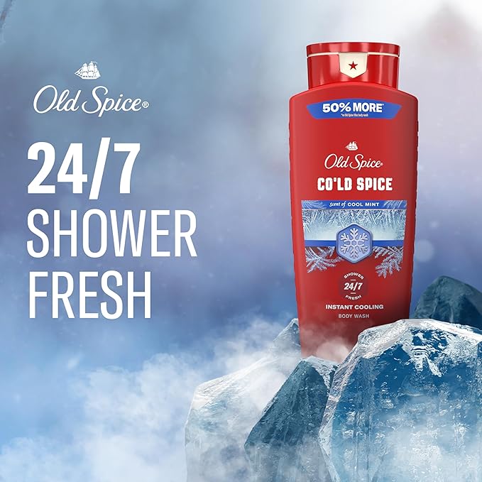 Old Spice Body Wash for Men, 24/7 Shower Fresh & Clean with Daily Use, Lasting Signature Scent, Refreshing Lather, Moisturizing Formula, Cold Spice with Cool Mint Scent, 24 oz