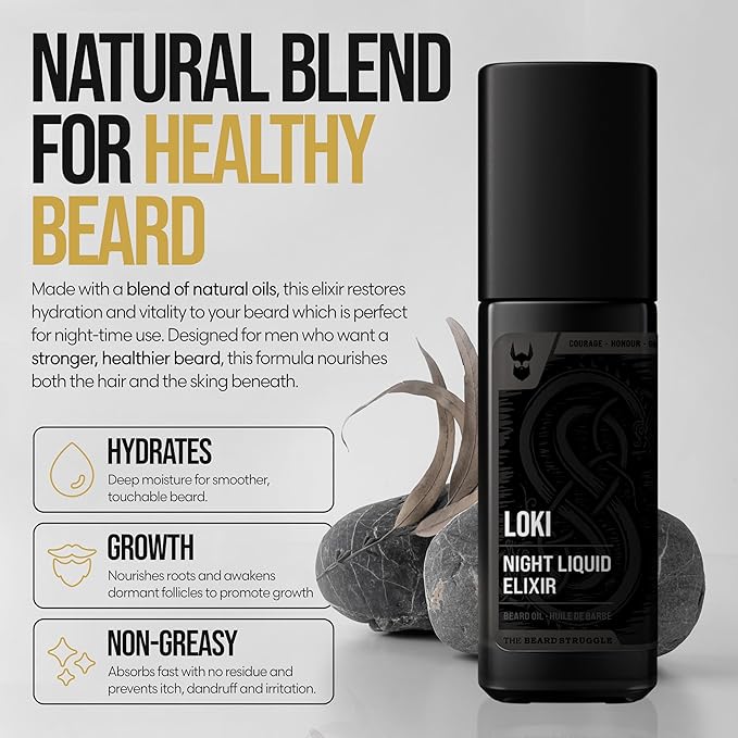 Beard Oil for Men by Beard Struggle - Night Liquid Elixir Beard Growth Oil - Natural Blend for Softens - Platinum Collection, Loki Unscented (1.35 Fl Oz)