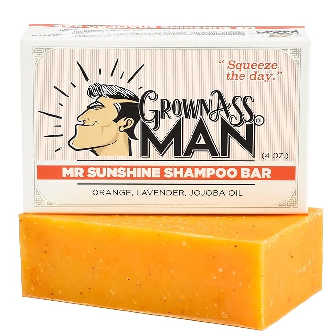 Grown Ass Man Co. - Solid Shampoo Bar Rich Lather 3 in 1: Hair, Beard & Body Wash - Plastic Free & Eco-Friendly, Natural & Organic Clean for All Hair Types, 4oz Bar (Mister Sunshine, 6-Pack)