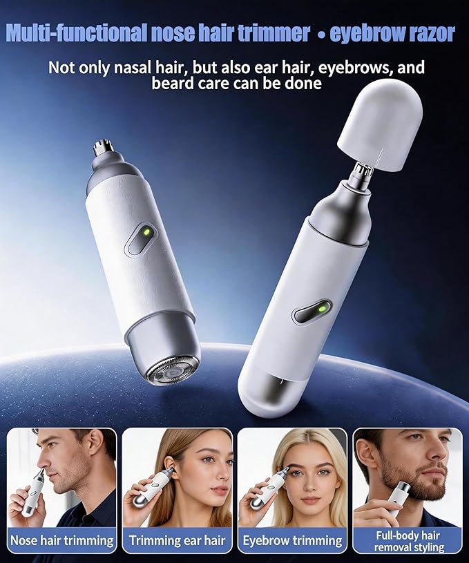 Nose Hair Trimmer for Men & Women, 2 in 1 Electric Nose and Ear Hair Trimmers Ear & Eyebrow Grooming Kit Face Clipper with Powerful Motor and Dual-Edge Blades Waterproof, Portable Travel Size (White)