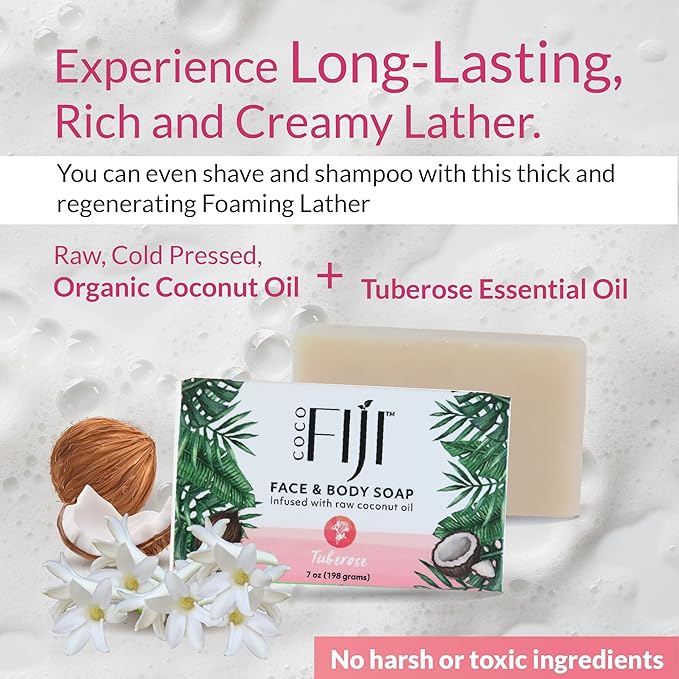 Coco Fiji Soap Bar for Face and Body Infused With Organic Coconut Oil, Tuberose, Essential Oil, Natural Soap for Moisturizing & Pore Purifying Skin, 7 oz,Pack of 3
