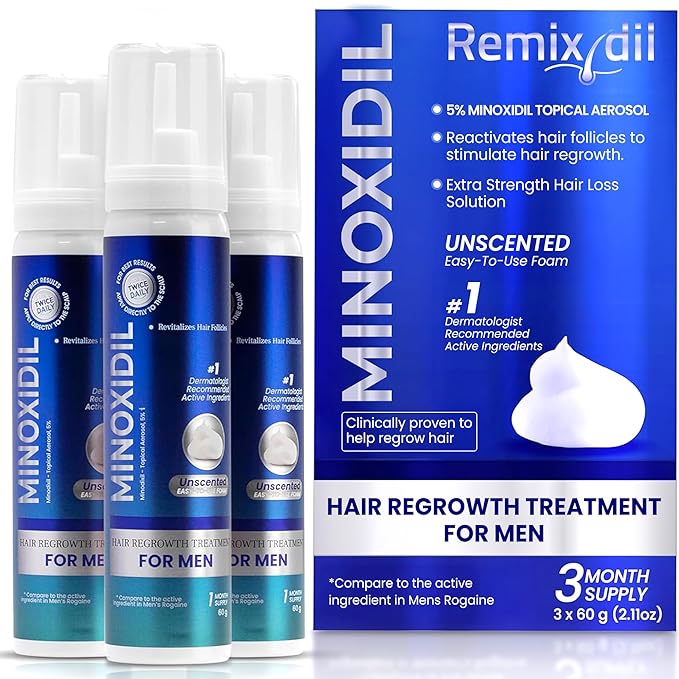 Remixidil Men’s 5% Minoxidil Foam | Hair Regrowth Treatment for Men | Clinically Proven Formula for Hair Loss and Hair Growth | No Scalp Irritation | 3-Month Supply