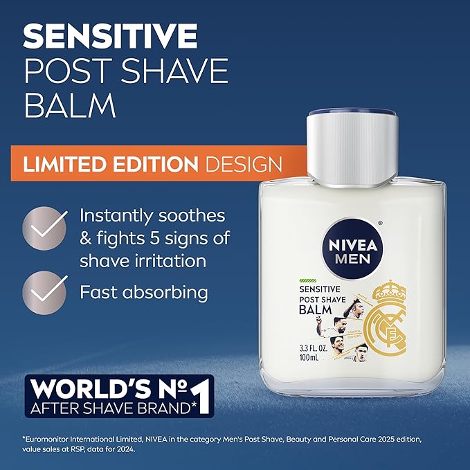 NIVEA MEN Real Madrid Limited Edition Design Sensitive Post Shave Balm, with VitaminPro Complex, Alcohol Free After Shave Balm for Men, 3.3 Fl Oz Bottle