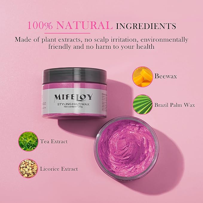 Temporary Pink Hair Color Wax with Dye Brush, Instant Natural Hairstyle Cream 4.23 oz, Disposable Coloring Mud for Men Women Youth, Washable Styling Pomades, Party Cosplay DIY Halloween