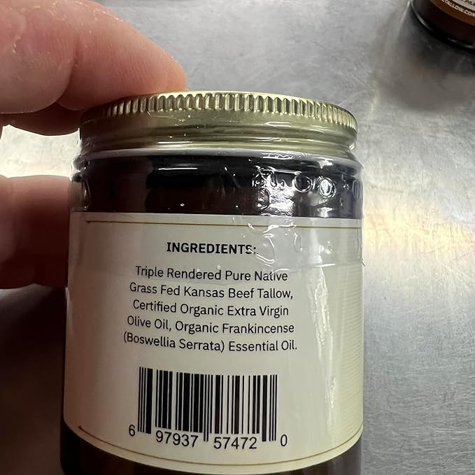 Grass Fed Beef Tallow Balm - 4 oz - Made in USA - Organic Grass Fed and Finished Tallow - Moisturizing Skin Care Frankincense