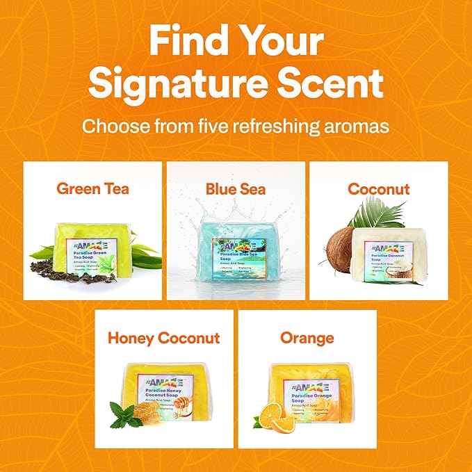 Paradise Amino Acid Organic Soap Bar, Moisturizing, Residue-Free Refreshing Cleanser, Cooling & Invigorating Bath Natural Soap for Women, Men & Kids with Plant-Based Oils, 100g Orange