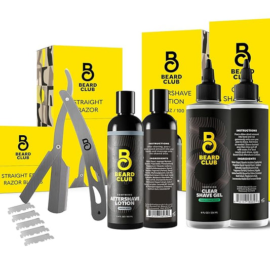 Beard Club Straight Razor for Men, Shaving Gel & Aftershave for Men – Hydrating Mens Shave Cream, Soothing After Shave Lotion & Navajas Para Barbero - Barber Straight Edge Razor Kit - Gift Kit