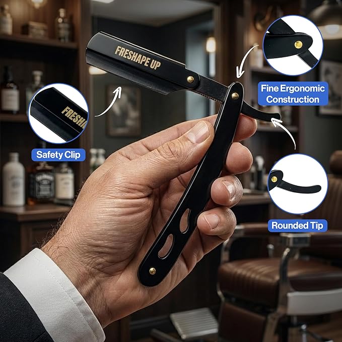 Professional Single Blade Razor for Men – Barber Straight Razor Safety Kit with 100 Single Edge Straight Razor Blades (4.4 cm) & 10 Hairline Wipes for Precise Shaving (Wooden Razor)