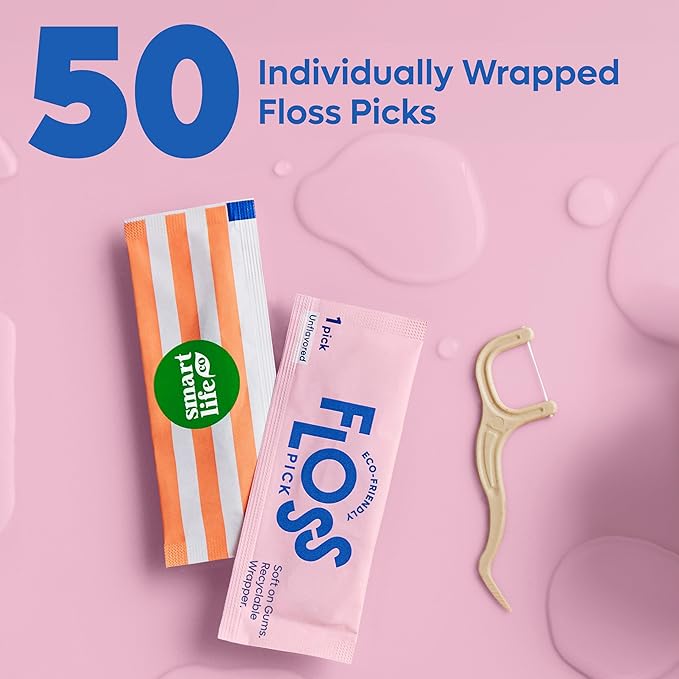Individually Wrapped Dental Floss Picks (50ct) - Eco-Friendly Flosser Handle Made with Straw Wheat Blend | Great for Travel | PFA Free | Toothpick Stick End | Bamboo Charcoal Thread Whitens Teeth
