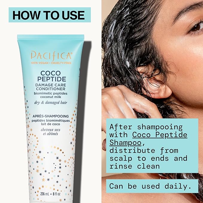 Pacifica Coco Peptide Damage Care Conditioner, Haircare, Repair Split Ends and Breakage, Hair Repair Treatment, Color Safe, For Dry and Damaged Hair, Hair Care, Vegan, 8 fl oz (1 Count)