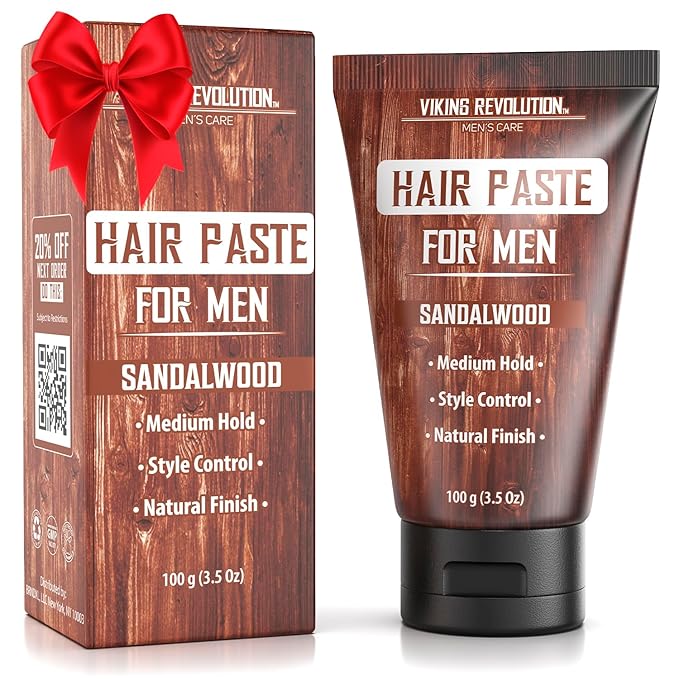 Viking Revolution Hair Paste for Men - Sandalwood Scented Texture Paste - Medium Hold, Natural Finish - Matte Look, Easy Wash Out, Non-Greasy Styling Cream for All Day Control (3.5oz)