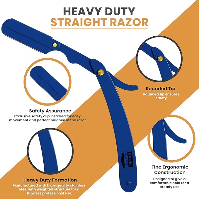 Utopia Care Professional Straight Razor for Men, Barber Straight Edge Razor Safety with 100 Pack Blades, Blue