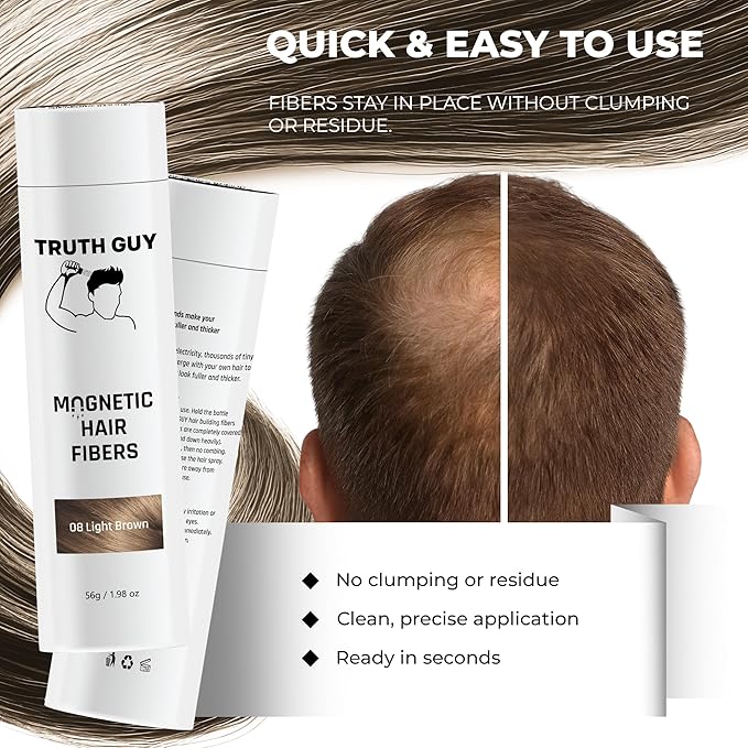 Truth Guy Magnetic Hair Building Fibers for Thinning Hair - Adds Volume & Thickness with Static Electricity Technology - Easy Application for Men & Women, Quick Results, Mess-Free. 2 oz. Medium Brown