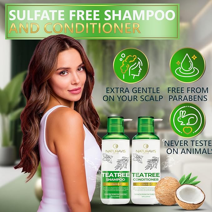 Tea Tree Oil and Mint Shampoo and Conditioner Set - Sulfate and Paraben Free Formula for Women and Men - Enriched with Peppermint to Help with Dandruff and Itchy, Dry Scalp - Color Safe and Hydrating