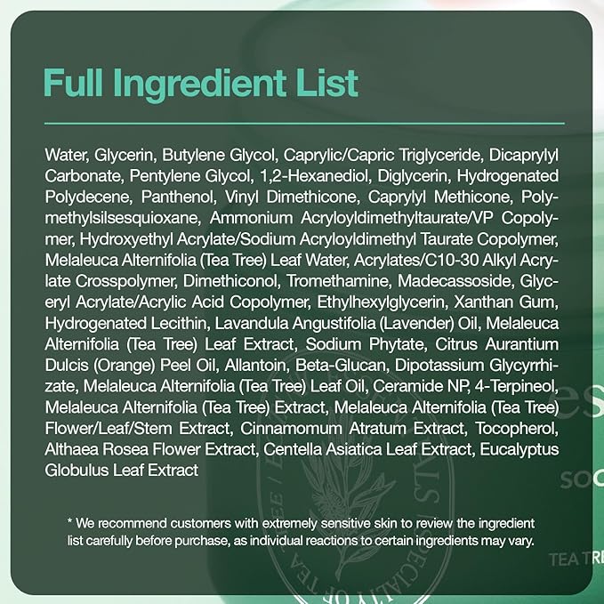 Tea Tree Soothing In Calming Cream for Sensitive Skin with Centella Asiatica help reduce redness and breakouts, Low irritating, Moisturizing Daily Texture Care, Korean Skin Care (2.70 fl.oz)