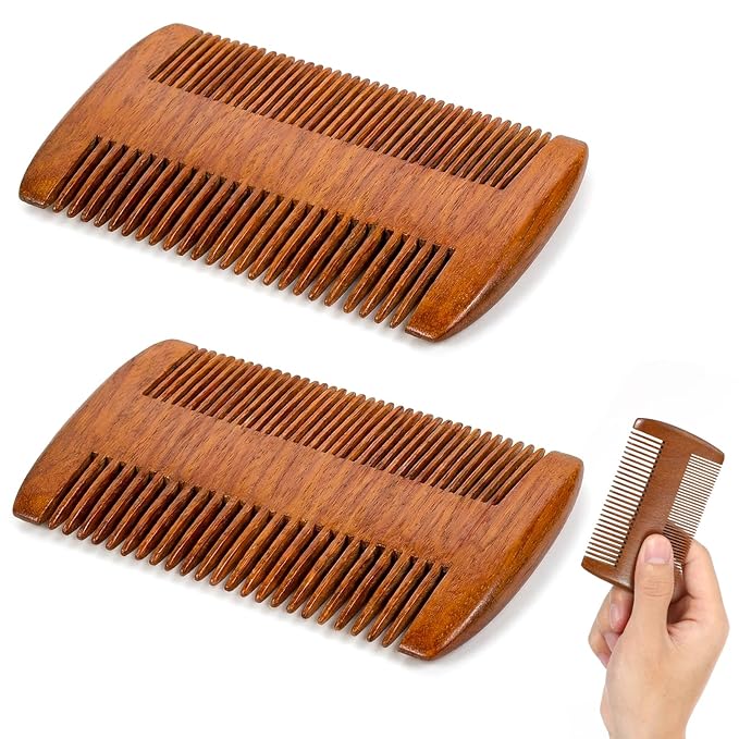 2Pcs Wood Beard Comb, Handmade Natural Sandalwood Comb, Anti-Static Fine & Wide Tooth Pocket Combs for Beard, Mustache, Hair Styling and Detangling