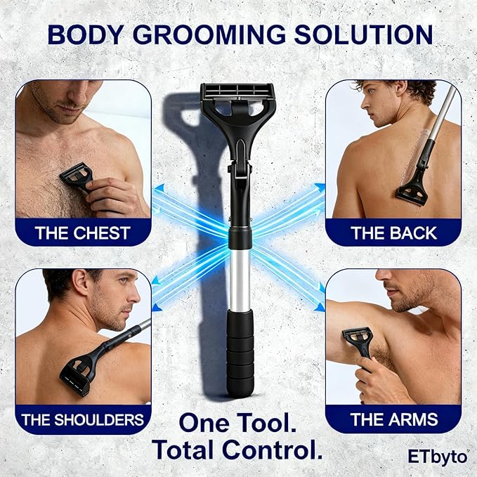Retractable Back Shaver for Men: 180° Foldable Head Hair Shaver,Double Sharp Blades & Ergonomic Handle, Wet or Dry Back & Body Hair Removal,Silver(3PCS Blades Included)