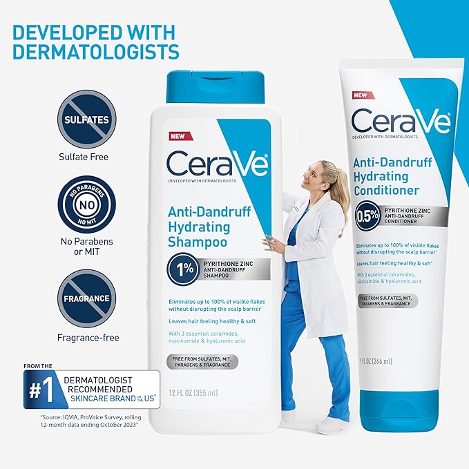 CeraVe Hydrating Anti Dandruff Shampoo and Conditioner Set, Pyrithione Zinc Dandruff Treatment With Ceramides, Hyaluronic Acid & Niacinamide, Elimanates Flakes & Reduces Itchy Scalp