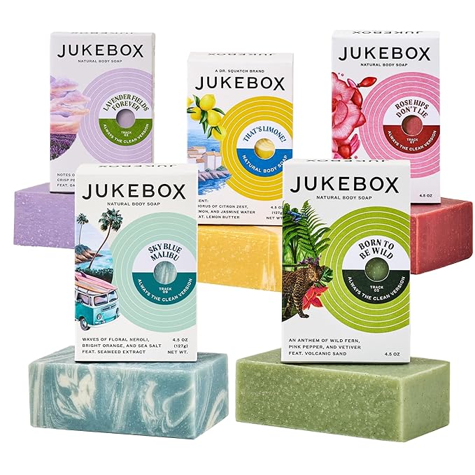 JUKEBOX Soap Sampler Gift Pack- 5 Bar Soaps- Lavender Fields Forever, Rose Hips Don't Lie, Skyy Blue Malibu, That's Limone, Born To Be Wild
