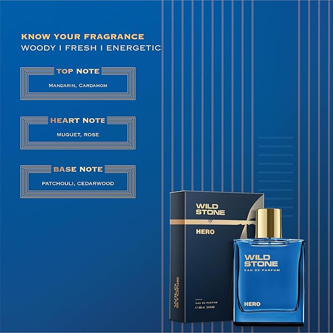 Wild Stone Hero Eau De Parfum | 3.38oz,100 ml | Luxury EDP Perfume for Men | Intense Long Lasting Premium Fragrance | Woody & Warm Spicy Notes | 100% Liquid Scent | Best Perfume for Gifting