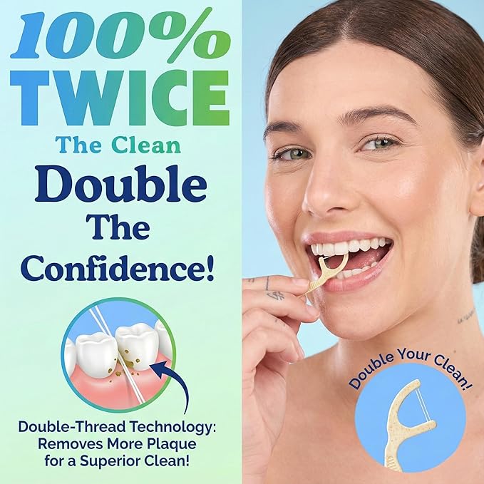 Twin Line Dental Floss Picks (220 Count) – Double Thread Tooth Flossers for 2X Cleaning, Thin & Shred-Resistant Floss, Wheat-Straw Handle | Travel Case Included Holds up to 10 Picks
