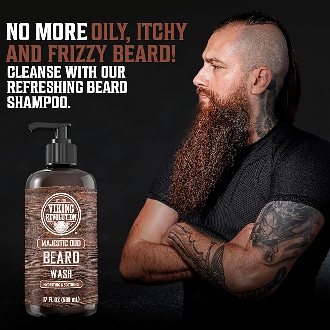 Viking Revolution Beard Wash and Beard Conditioner for Men with Argan Oil and Jojoba Oil - Beard Softener and Strengthener Beard Care Beard Shampoo and Conditioner with Beard Oil (17oz, Majestic Oud)