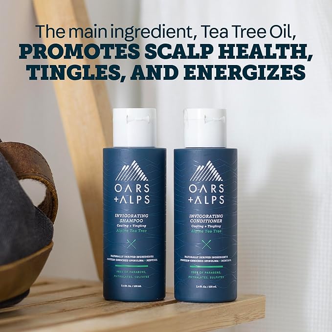 Oars + Alps Men's Sulfate Free Hair Shampoo and Conditioner Set, Infused with Witch Hazel and Tea Tree Oil, Alpine Tea Tree, Travel Size 3.4oz Each