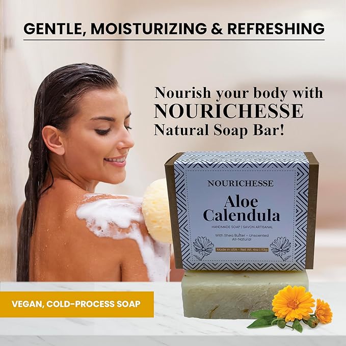 Unscented Aloe Calendula Soap Bar for Men, Women | Cold Process Handmade Soap for Face, Body | Soothing & Hydrating | Natural and Organic Ingredients