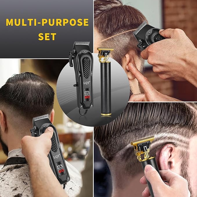 LQT® Men's Professional Hair Clippers Kit，Cordless & Corded Barber Clippers Set，Grooming Rechargeable Beard Trimmer with Adjustable Blade Black