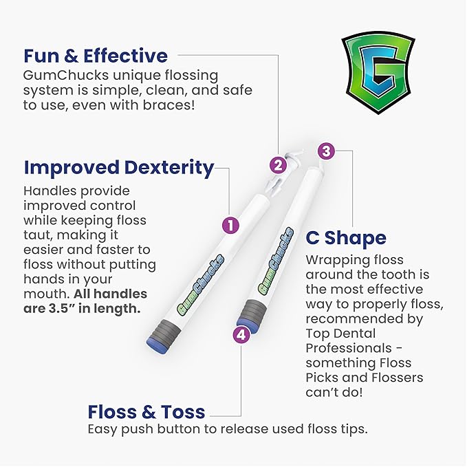 GumChucks Floss for Teeth - Flossing for Kids and Adults - Orthodontic Flossers for Braces - Dental Gum Floss Picks for All Ages (Old Skulls - Ninja Vitis)