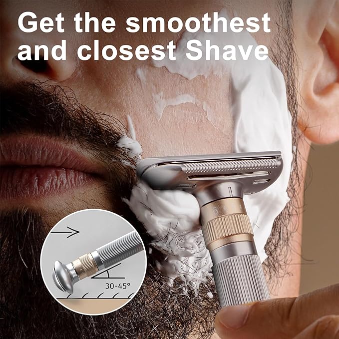 Double Edge Safety Razor, Single Blade Razors for Men, with 10 Platinum Coated Swedish Safety Razor Blades, Sustainable, Close and Smooth Wet Shaving, Adjustable Blade Angle, Matte Silver