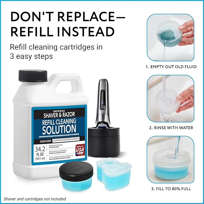 IMPRESA Electric Razor Cleaning Solution - Pre-Mixed Razor & Shaver Cleaning Solution - Compatible with Philips Norelco Quick Clean Pod Cartridge & SmartClean - Beard Trimmer Cleaner - 34.2 Fl Oz