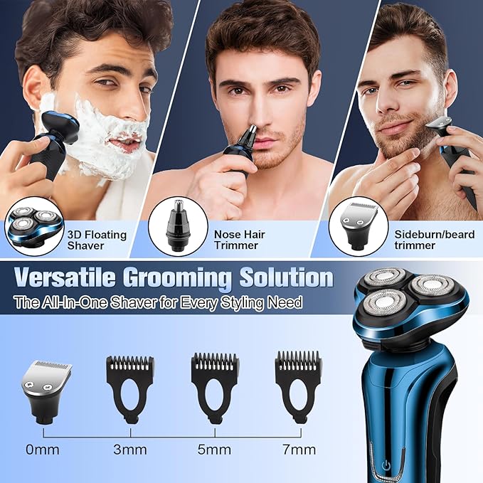 Electric Razor for Men, 3 Floating Heads Waterproof Wet Dry Shaver for Men, LED Display Cordless with Rechargeable Nose Hair Trimmer and Beard Trimmer,Prtable Travel Men's Razors