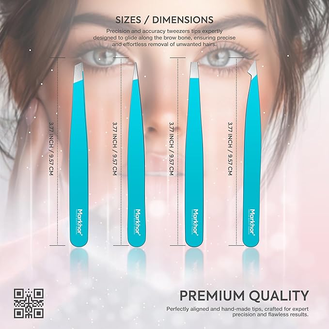 MARKHOR® Crystal Cyan Eyebrow Tweezers for Women Facial Hair, Splinter and Ingrown Hair Removal Tweezers Set, Professional Pointed and Slant Tweezers for Eyebrows, Precision Tweezers for Eyebrows