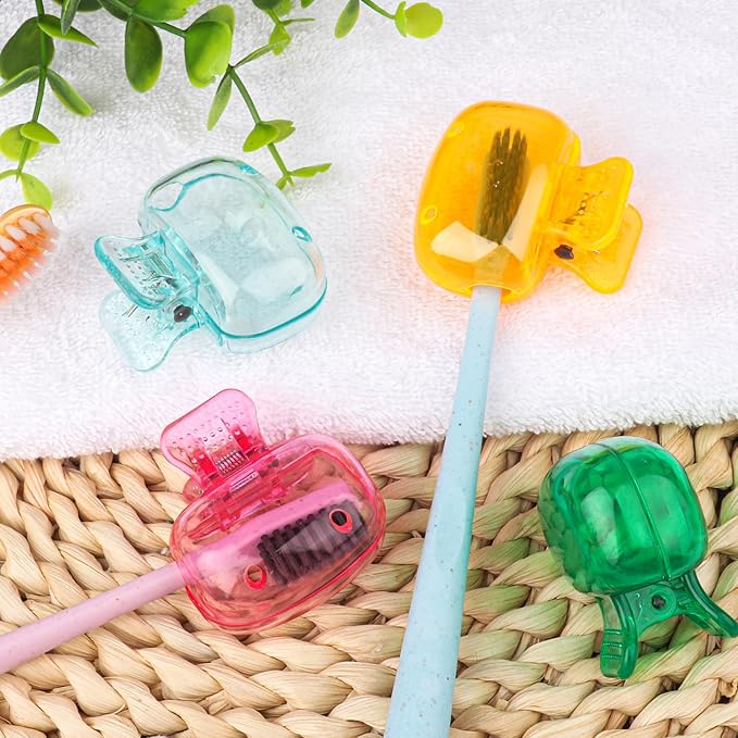 4 Pack Travel Toothbrush Head Covers Toothbrush Protector Cap Brush Pod Case Protective Portable Plastic Clip for Household Travel, Bathroom, School, Camping, Business (Green, Teal, Orange, Pink)