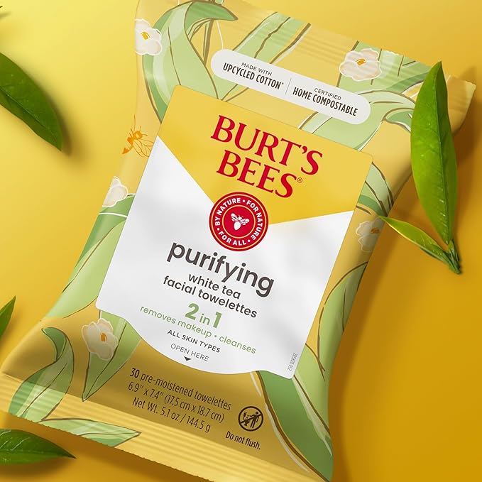 Burt's Bees White Tea Face Wipes, for All Skin Types, College Back to School Dorm Essentials, Hydrating Makeup Remover & Facial Cleansing Towelettes, 30 Ct. (3-Pack)