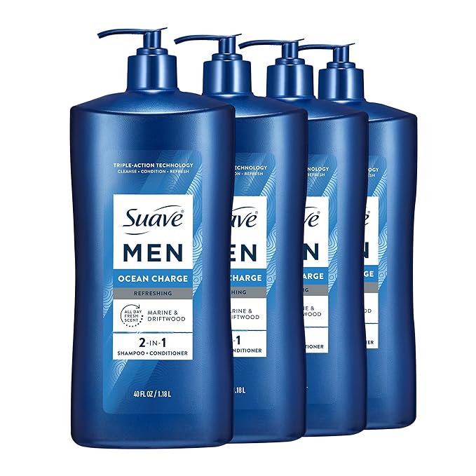 Suave Men Ocean Charge 2 in 1 Refreshing Shampoo & Conditioner with Pro Vitamin B5, Hydrates & Revitalizes Hair, Ocean Fresh Scent, 4 Count, 40 FL OZ Pump